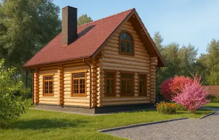 Деревянный рубленый дом с красной крышей и арочным окном на мансарде