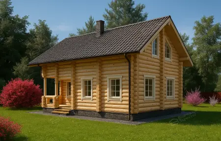 Двухэтажный деревянный дом из оцилиндрованного бревна с тёмной крышей на зелёном участке