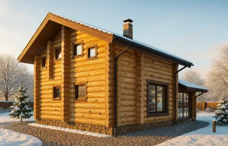 Двухэтажный бревенчатый дом с каменным цоколем и заснеженной крышей зимой