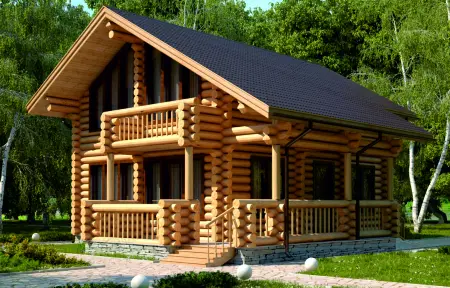 Двухэтажный дом из оцилиндрованного бревна с тёмной крышей и верандой на фоне леса