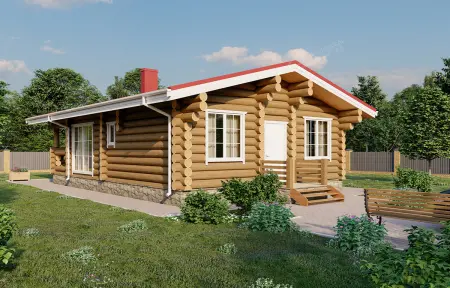 Одноэтажный бревенчатый дом с красной крышей и белыми окнами на зелёном участке