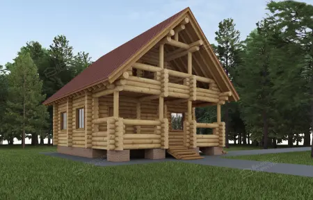 Двухэтажный бревенчатый дом с верандой и красной крышей на фоне леса