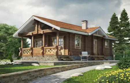 Одноэтажный бревенчатый дом с верандой, каменным цоколем и двускатной крышей среди зелёного сада