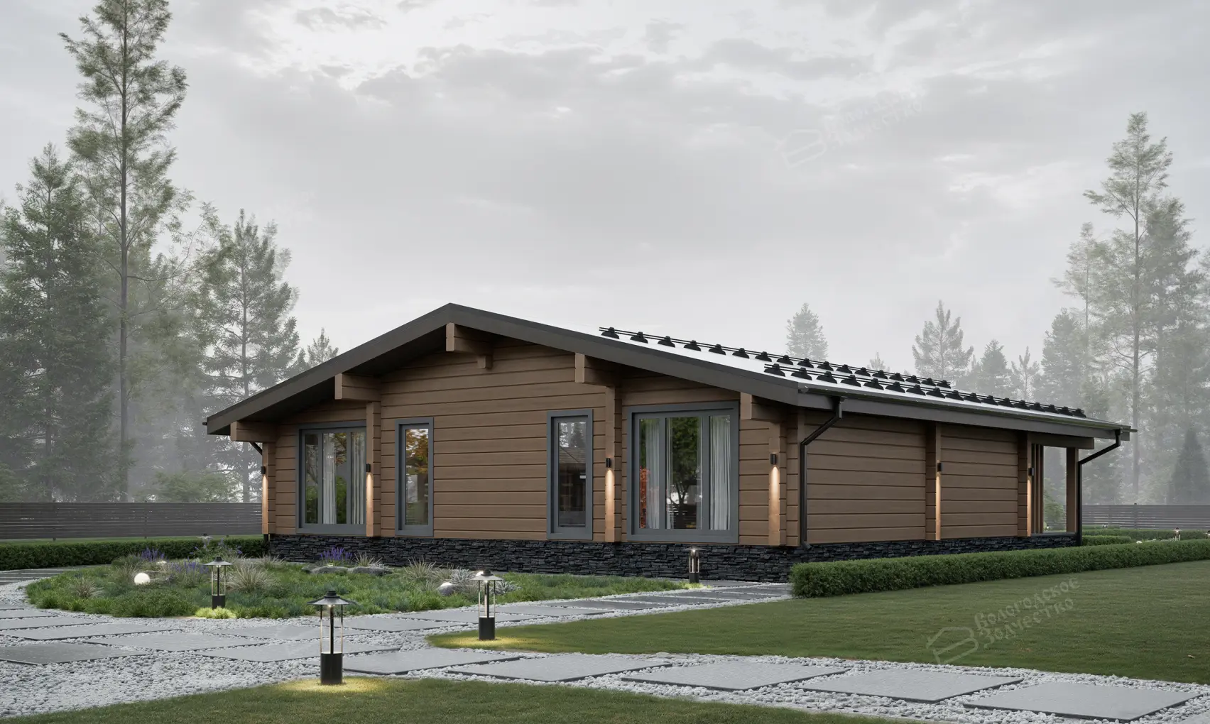 Одноэтажный деревянный дом с коричневой обшивкой, тёмной кровлей и панорамными окнами на фоне леса