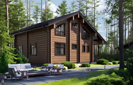 Двухэтажный деревянный дом с тёмной крышей в окружении хвойного леса