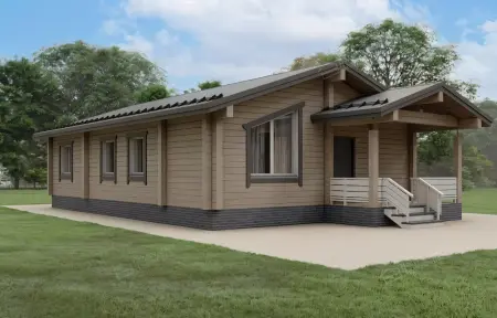 Одноэтажный деревянный дом с крытой верандой и тёмной черепичной крышей на зелёном участке