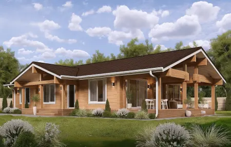 Одноэтажный деревянный дом с тёмной крышей, верандой и ухоженным садом
