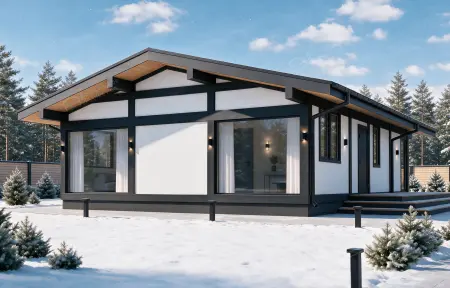 Современный одноэтажный дом в стиле фахверк на фоне зимнего леса