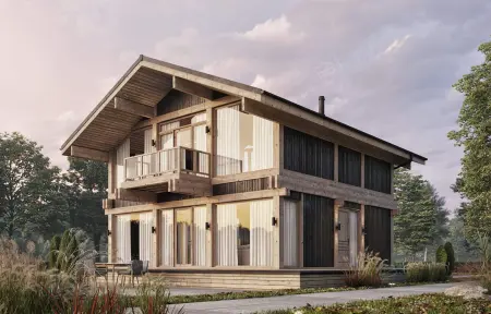 Двухэтажный деревянный дом в стиле шале с панорамными окнами и балконом