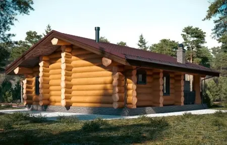 Одноэтажный бревенчатый дом с тёмно-красной крышей в лесу