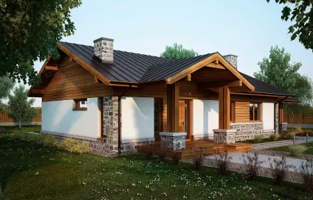 Одноэтажный загородный дом с деревянными элементами, каменной отделкой и тёмной металлической крышей