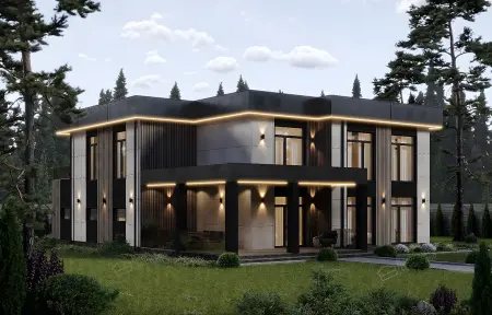 Современный двухэтажный дом с плоской кровлей, тёмным фасадом и LED-подсветкой среди хвойных деревьев