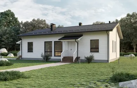 Одноэтажный деревянный дом белого цвета с тёмной крышей от Nordic Wood